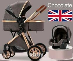 3 in 1 Luxury Baby Stroller Pram Pushchair with Car Seat CHOCOLATE / GOLD FRAME