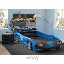 Boys Blue Race Car Bed Frame Twin Size Platform Plastic Kids Bedroom Furniture