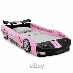 Girls Pink Race Car Bed Frame Twin Size Platform Plastic Kids Bedroom Furniture