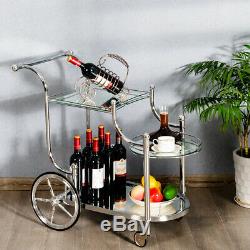 Kitchen Serving Cart Bar Wine Tea Car Glass Shelves Metal Frame on Wheels Home
