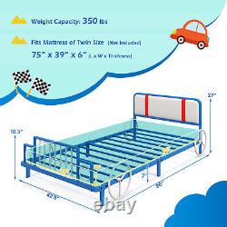 Twin Size Kids Bed Frame Car Shaped Metal Platform Bed with Upholstered Headboard