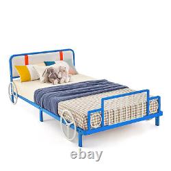 Twin Size Kids Bed Frame Car Shaped Metal Platform Bed with Upholstered Headboard