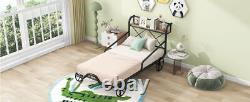 Twin Size Metal Car Bed with Four Wheels, Guardrails and X-Shaped Frame Shelf